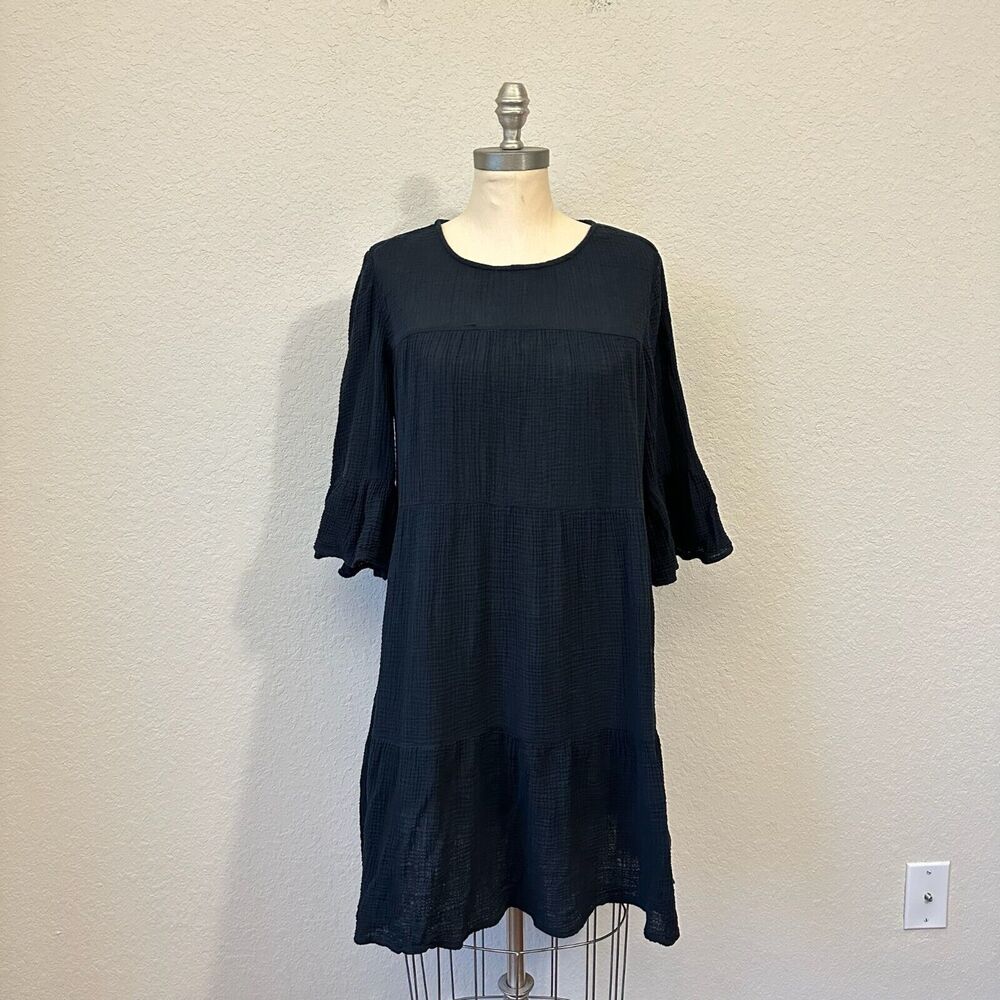 OUTERKNOWN Currents Organic Cotton Gauze Bell Sleeve Shift Dress in Black